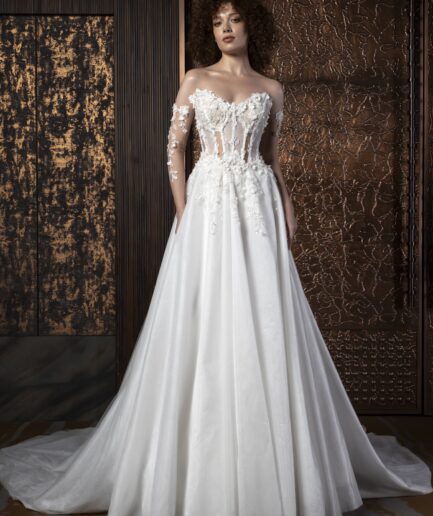 Amaris Helen Kesim Uzun Kollu Tül Bohem Kalp Yaka Zarif Gelinlik