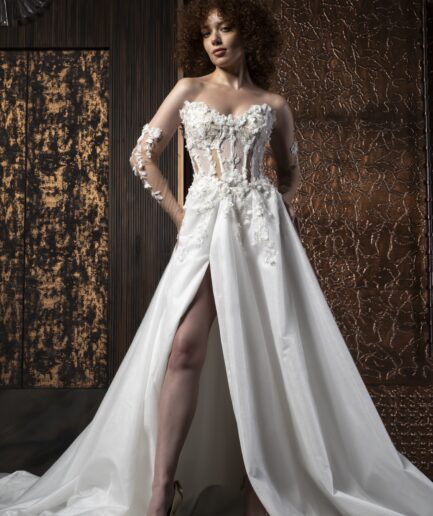 Amaris Helen Kesim Uzun Kollu Tül Bohem Kalp Yaka Zarif Gelinlik