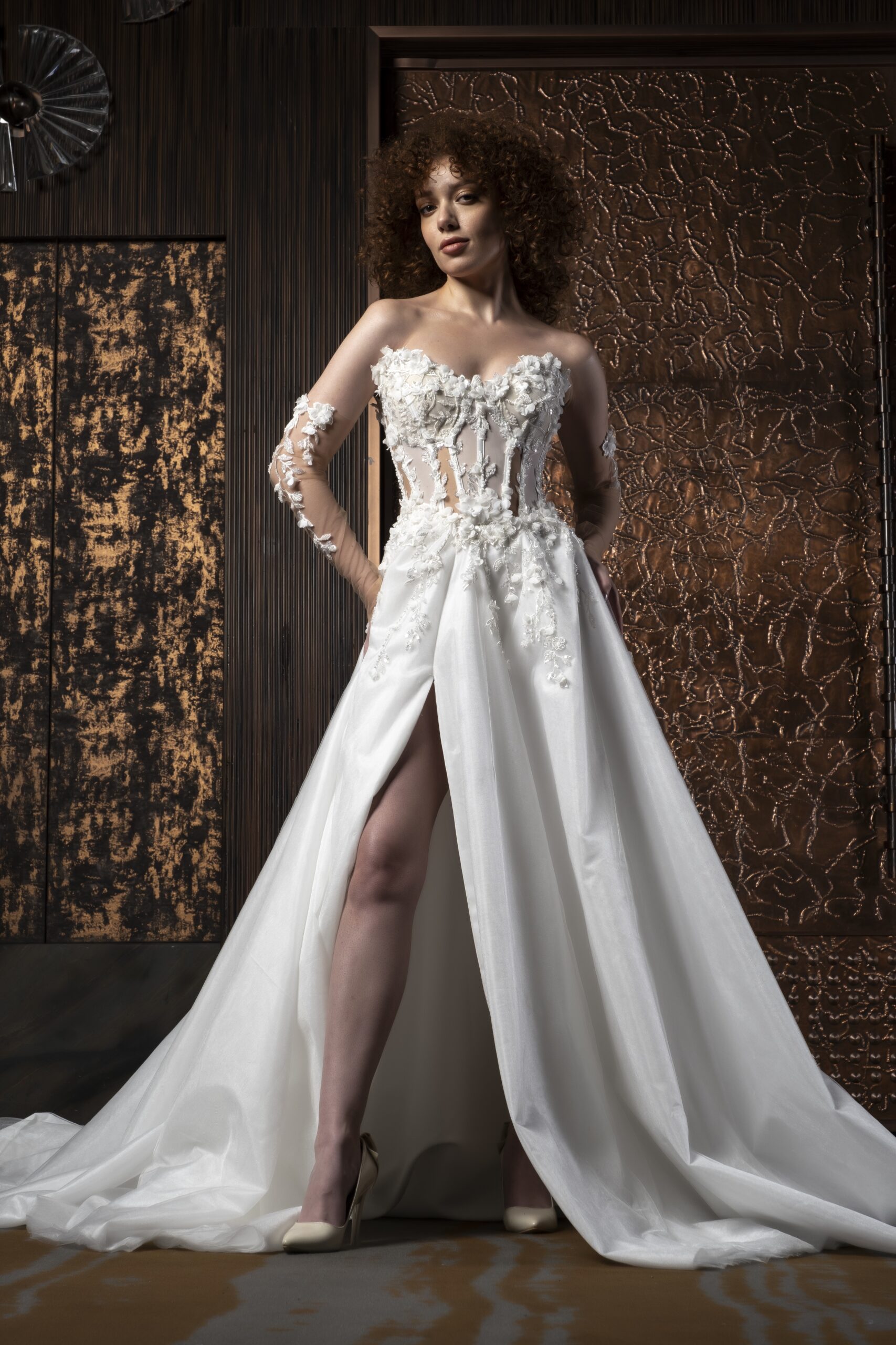 Amaris Helen Kesim Uzun Kollu Tül Bohem Kalp Yaka Zarif Gelinlik - Görsel 2