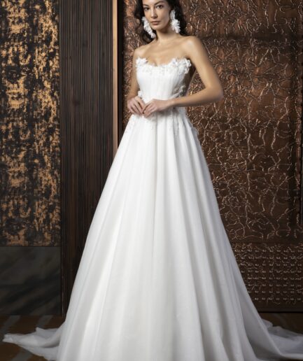 Rhiannon Helen Kesim Üç Boyutlu Detaylı Tül Straplez Yaka Romantik Gelinlik