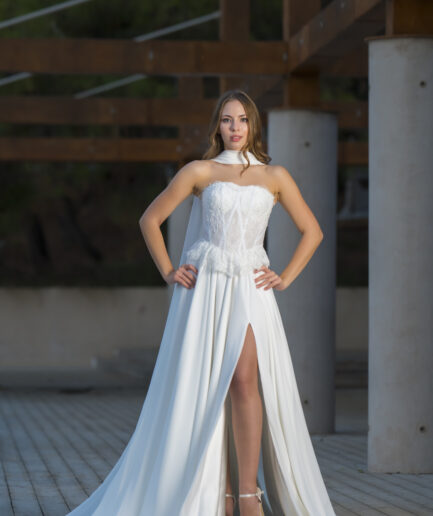 Laelia Helen Kesim Balon Kollu Fransız Dantelli Tül Straplez Yaka Romantik Gelinlik