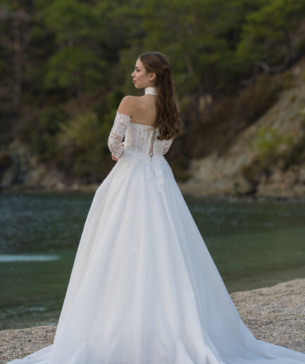 Estelle Helen Kesim Uzun Kollu Fransız Dantelli Tül Straplez Yaka Bohem Gelinlik