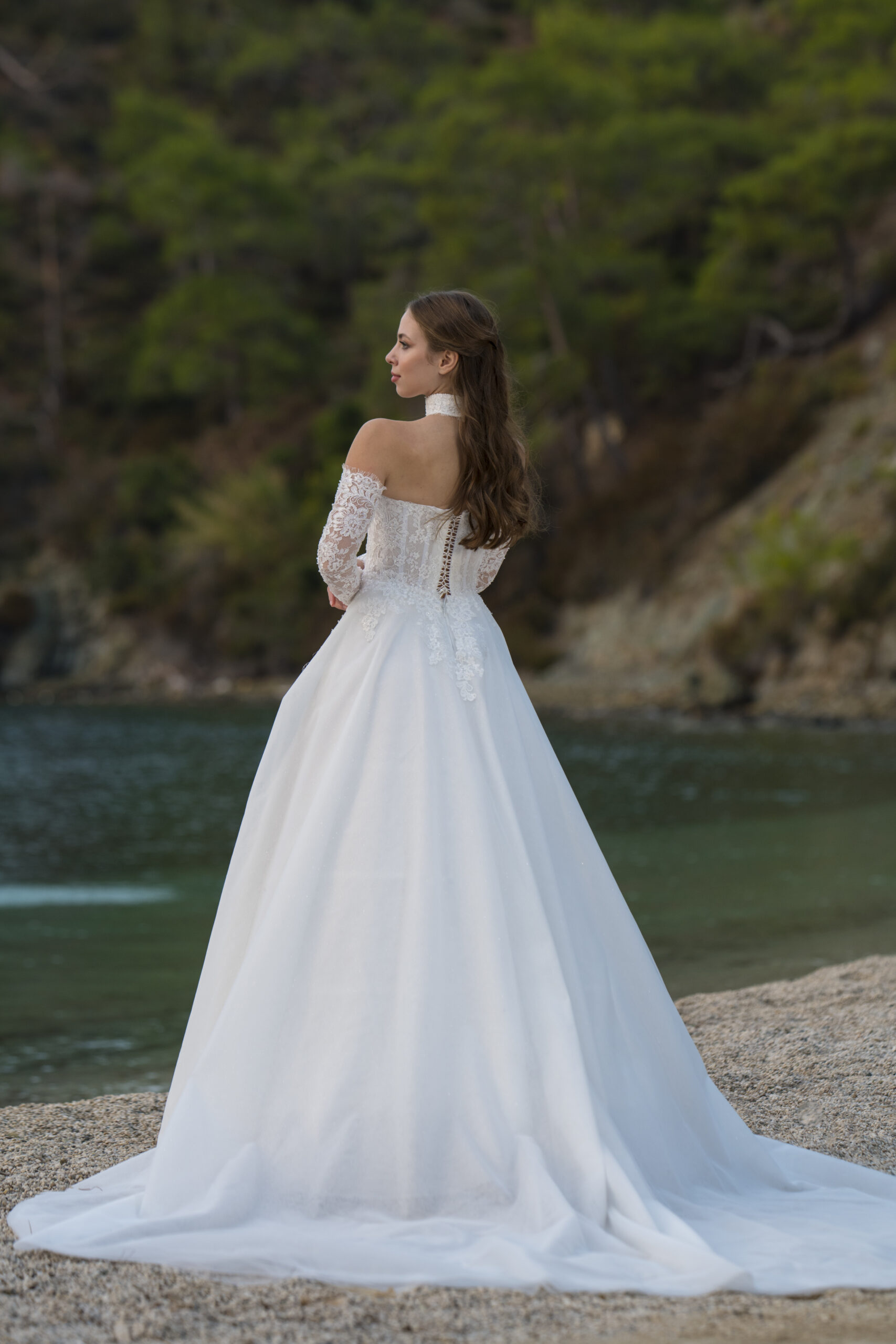 Estelle Helen Kesim Uzun Kollu Fransız Dantelli Tül Straplez Yaka Bohem Gelinlik - Görsel 2