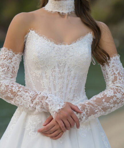 Estelle Helen Kesim Uzun Kollu Fransız Dantelli Tül Straplez Yaka Bohem Gelinlik