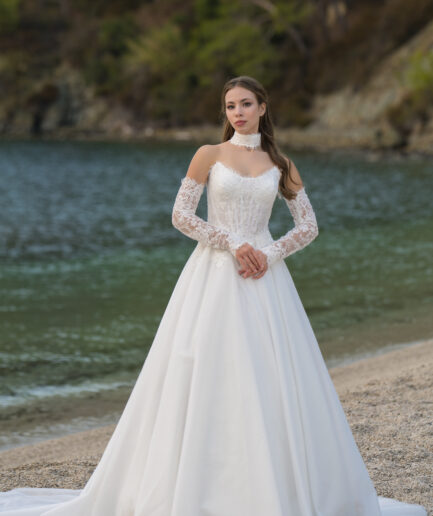 Estelle Helen Kesim Uzun Kollu Fransız Dantelli Tül Straplez Yaka Bohem Gelinlik