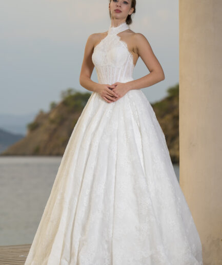 Avelin A Kesim Fransız Dantelli Hakim Yaka Zarif Gelinlik