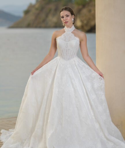 Avelin A Kesim Fransız Dantelli Hakim Yaka Zarif Gelinlik