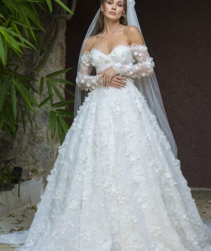 Elora A Kesim Uzun Kollu Üç Boyutlu Detaylı Kalp Yaka Romantik Gelinlik