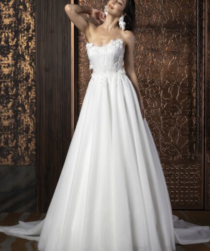 Rhiannon Helen Kesim Üç Boyutlu Detaylı Tül Straplez Yaka Romantik Gelinlik