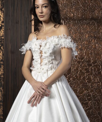 Solena A Kesim Düşük Kollu Tül Kalp Yaka Romantik Gelinlik