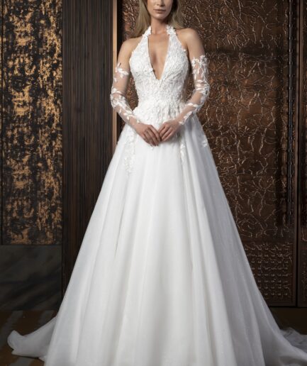 Valora Helen Kesim Uzun Kollu Tül Bohem Hakim Yaka Zarif Gelinlik