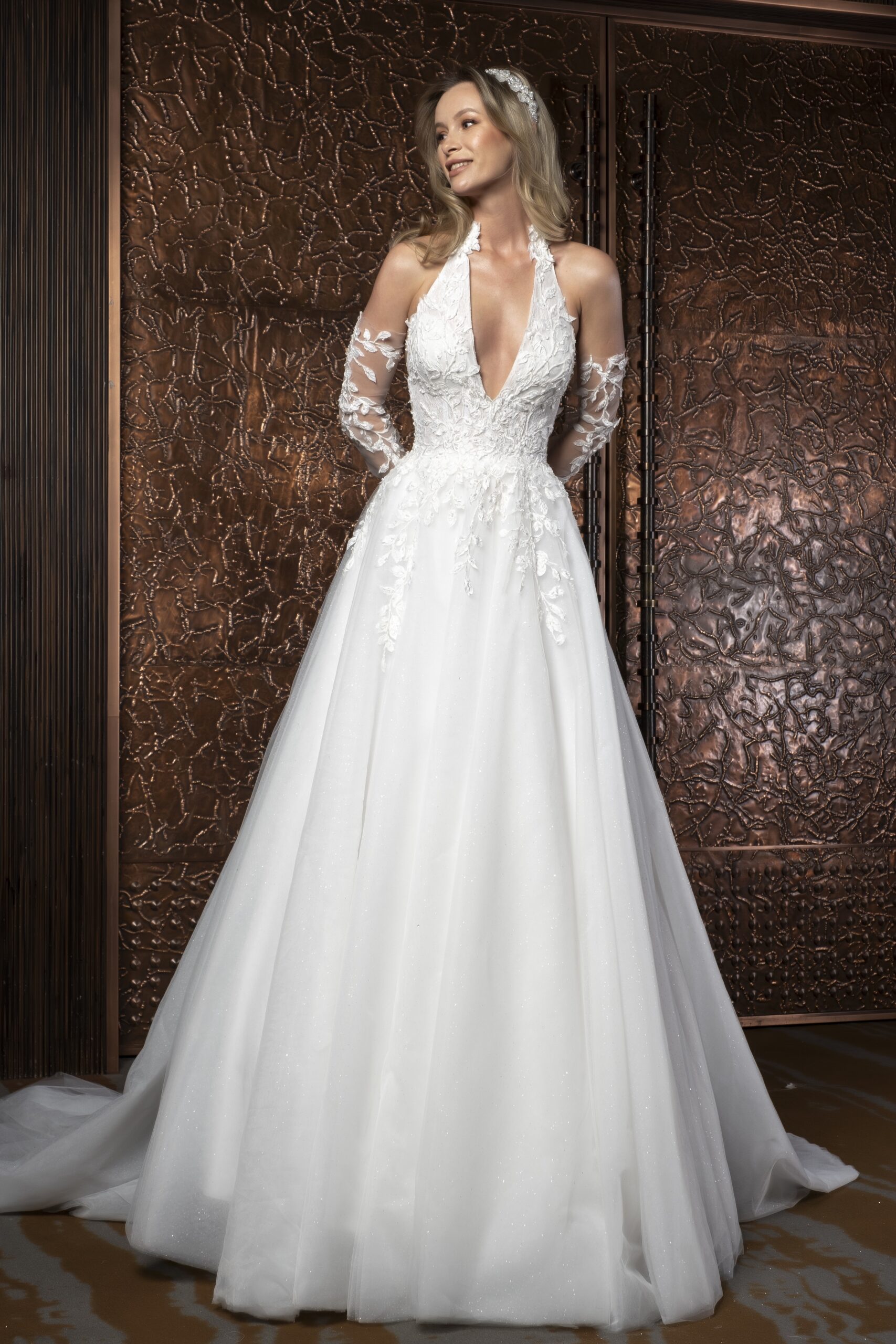 Valora Helen Kesim Uzun Kollu Tül Bohem Hakim Yaka Zarif Gelinlik - Görsel 4