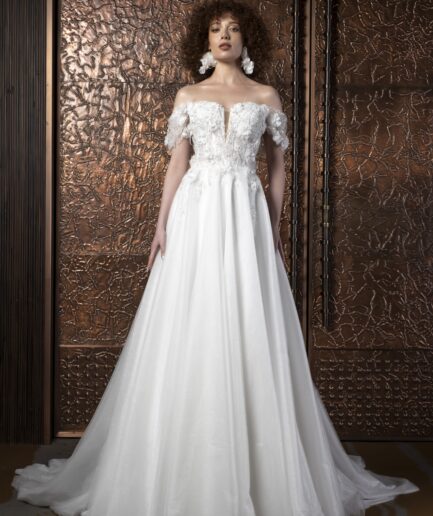 Alora Helen Kesim Düşük Kollu Kalp Yaka Tül Bohem Gelinlik