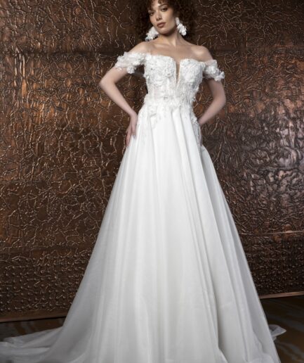 Alora Helen Kesim Düşük Kollu Kalp Yaka Tül Bohem Gelinlik