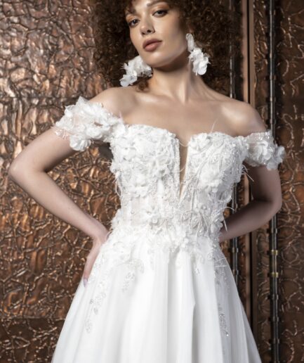 Alora Helen Kesim Düşük Kollu Kalp Yaka Tül Bohem Gelinlik