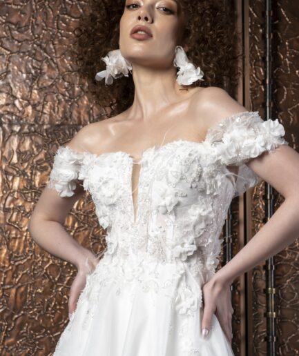 Alora Helen Kesim Düşük Kollu Kalp Yaka Tül Bohem Gelinlik