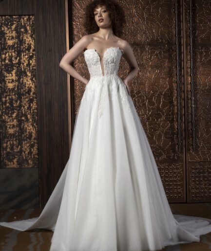 Serina Helen Kesim Straplez Yaka Tül Bohem Gelinlik