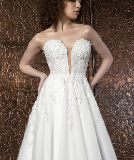 Serina Helen Kesim Straplez Yaka Tül Bohem Gelinlik