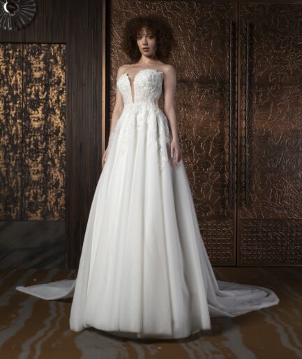 Serina Helen Kesim Straplez Yaka Tül Bohem Gelinlik