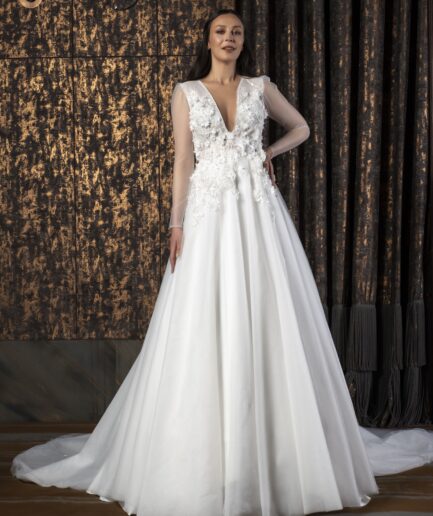 Evoria Helen Kesim Uzun Kollu Üç Boyutlu Detaylara Sahip Bohem Zarafet Gelinliği