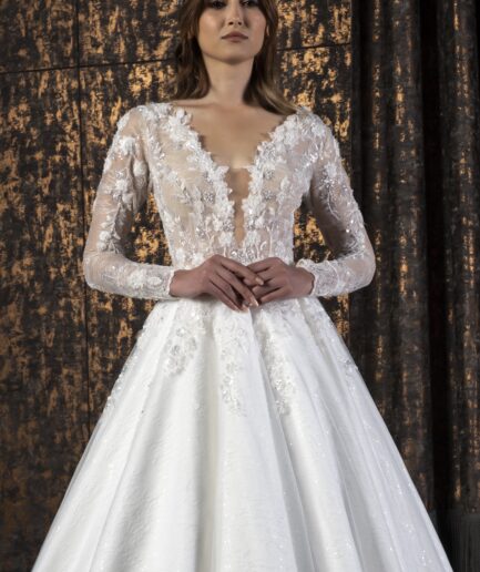 Velaria Zarif Dantel Dokulu Uzun Kollu A Kesim Gelinlik