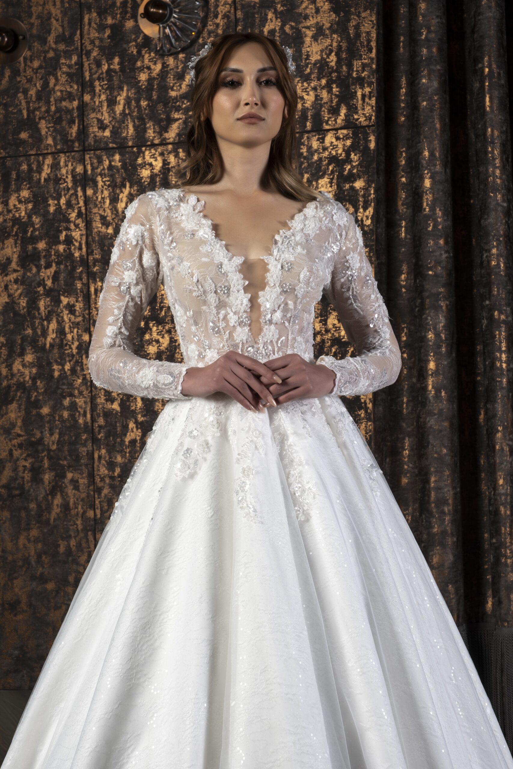 Velaria Zarif Dantel Dokulu Uzun Kollu A Kesim Gelinlik - Görsel 2