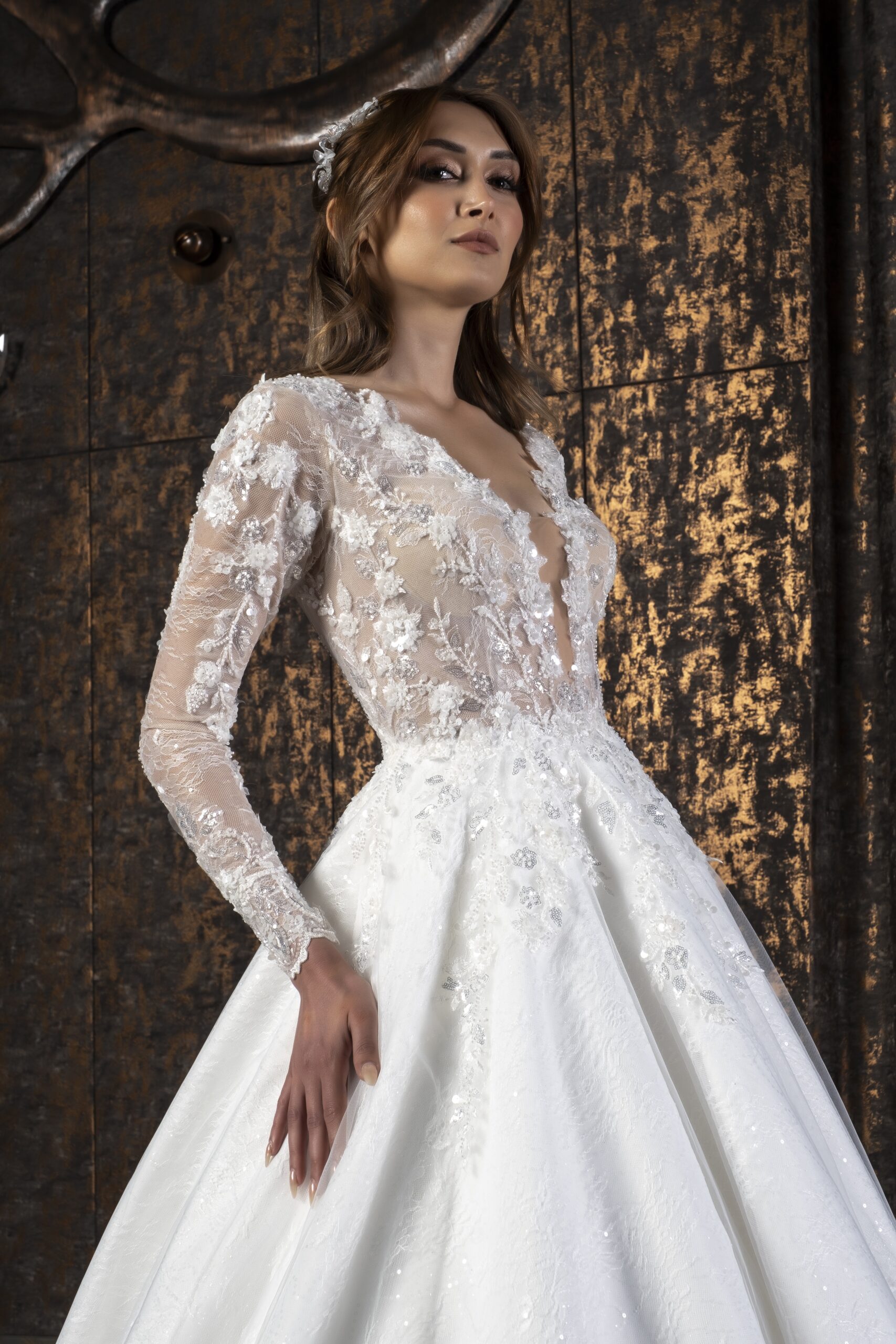 Velaria Zarif Dantel Dokulu Uzun Kollu A Kesim Gelinlik - Görsel 4