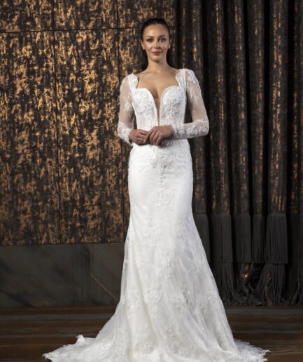 Lyanna Fransız Dantelli Uzun Kollu Balık Kesim Zarif ve Romantik Gelinlik