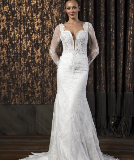 Lyanna Fransız Dantelli Uzun Kollu Balık Kesim Zarif ve Romantik Gelinlik