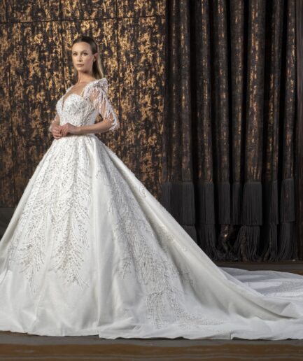 Arvella Dantelli Uzun Kollu Prenses Kesim Zarif ve Işıltılı Gelinlik