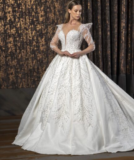 Arvella Dantelli Uzun Kollu Prenses Kesim Zarif ve Işıltılı Gelinlik