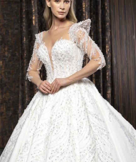 Arvella Dantelli Uzun Kollu Prenses Kesim Zarif ve Işıltılı Gelinlik