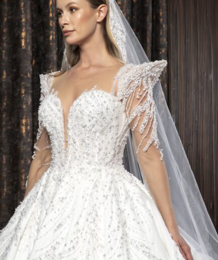 Arvella Dantelli Uzun Kollu Prenses Kesim Zarif ve Işıltılı Gelinlik