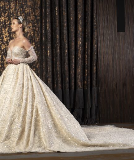 Elisse Dantelli Uzun Kollu Prenses Kesim Kalp Yaka Romantik Gelinlik