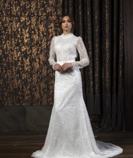 Lumina Dantel İşlemeli Uzun Kollu Hakim Yaka Balık Kesim Zarif Gelinlik