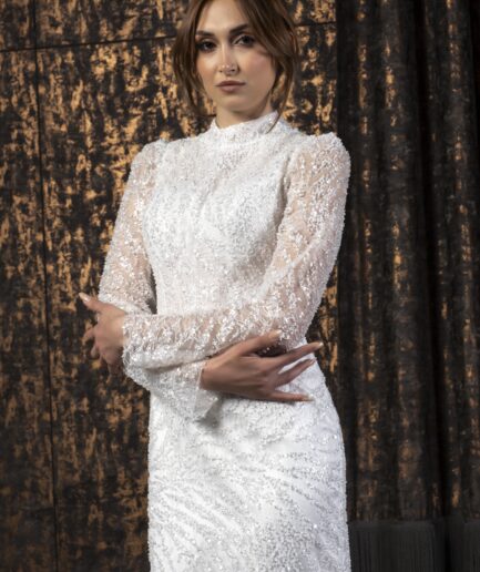 Lumina Dantel İşlemeli Uzun Kollu Hakim Yaka Balık Kesim Zarif Gelinlik