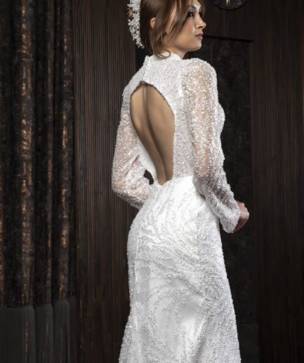 Lumina Dantel İşlemeli Uzun Kollu Hakim Yaka Balık Kesim Zarif Gelinlik