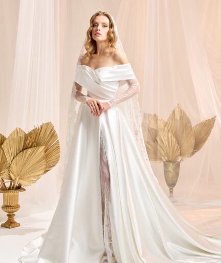 Mirielle Helen Kesim / Düşük Kol / Saten / Kayık Yaka Gelinlik - SE2462