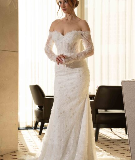 Venora Balık / Uzun Kollu / Fransız Dantelli - Üç Boyutlu Gelinlik - SE2531