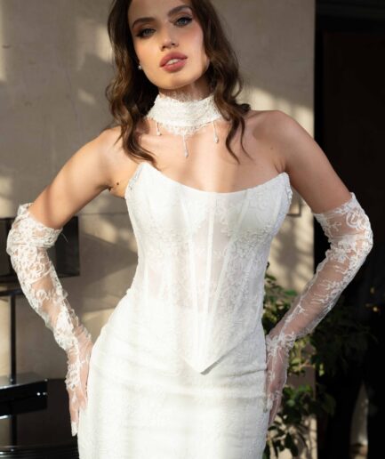 Clarisse Balık / Uzun Kollu / Fransız Dantelli / Straplez Yaka Gelinlik - SE2532