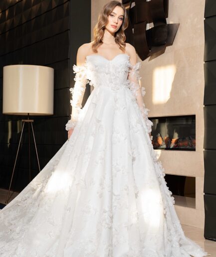 Lavinya Helen Kesim / Uzun Kollu / Üç Boyutlu / Straplez Yaka Gelinlik - SE2534