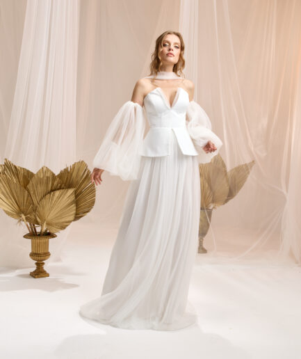 Ivory Tül Balon Kollu Bohem Zarif Gelinlik